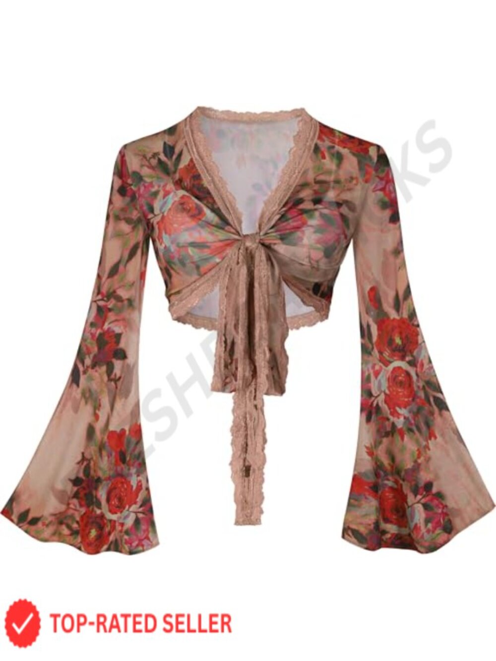 Women Floral Mesh Bell Sleeve Tie Front Crop Top Boho Blouse